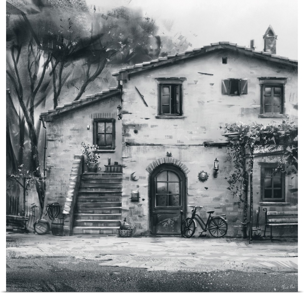 Monochrome painting of a rustic Tuscan villa structure.