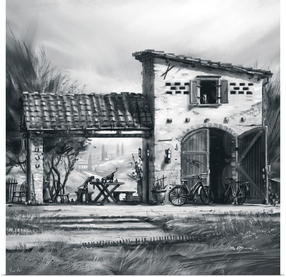 Monochrome painting of a rustic Tuscan wine storage structure.