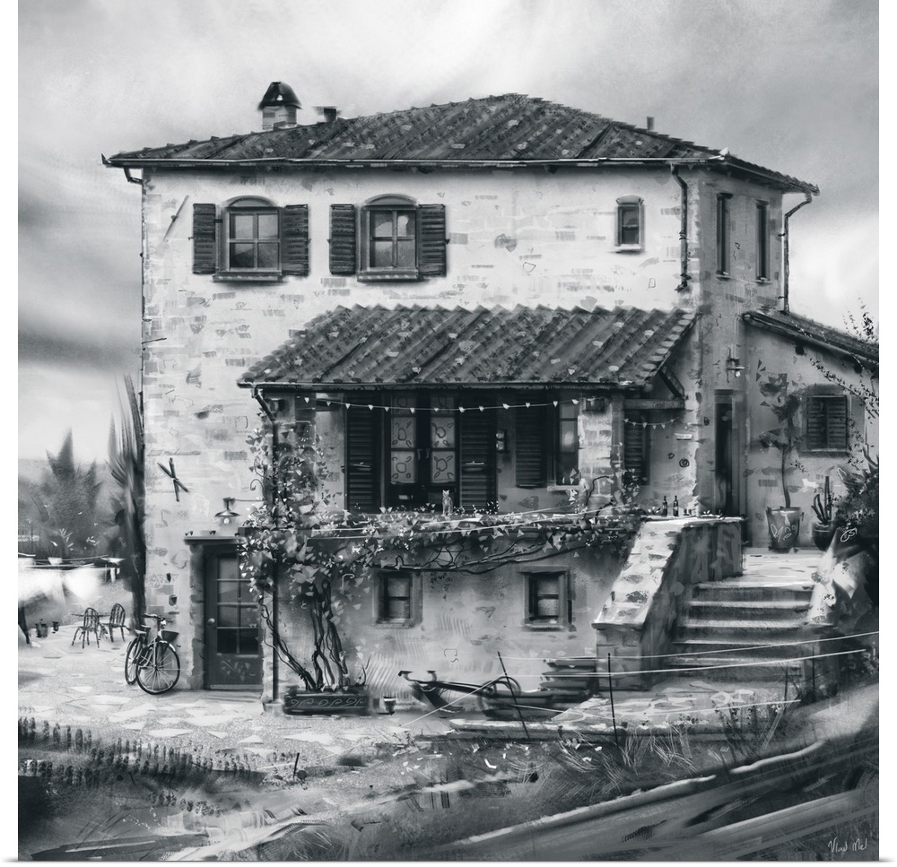 Monochrome painting of a rustic Tuscan farmhouse.