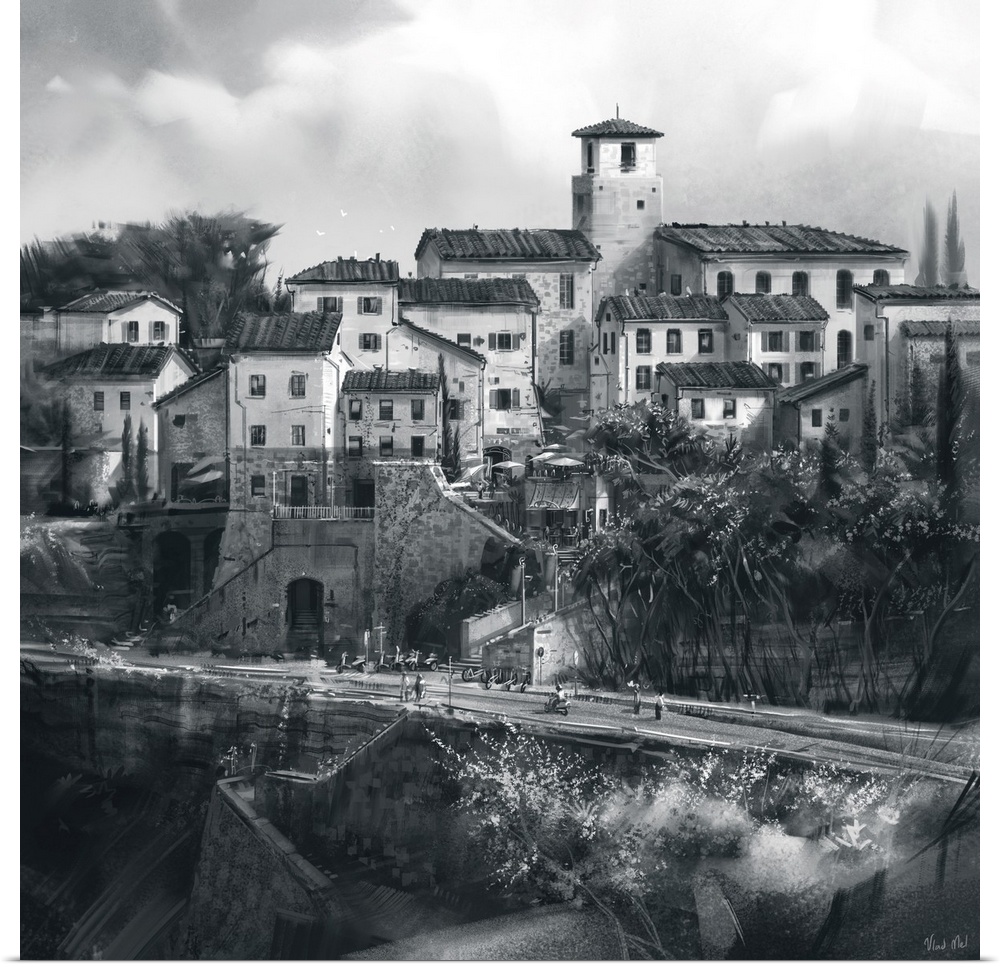 Monochrome painting of a Tuscan hillside town.