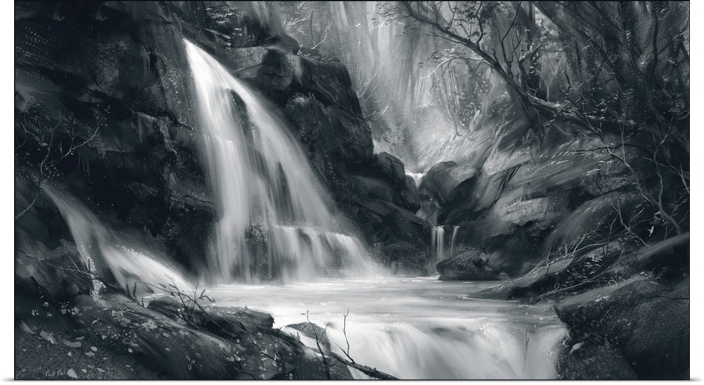 Monochrome painting of waterfall scene in forest.