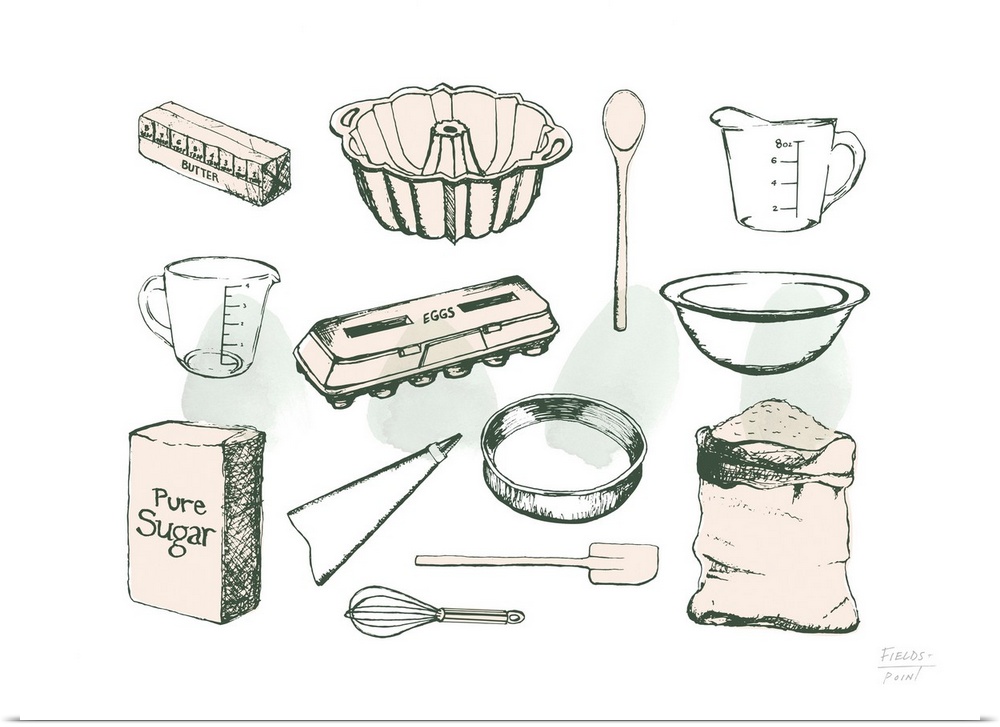 Baking themed kitchen drawing with baking ingredients.