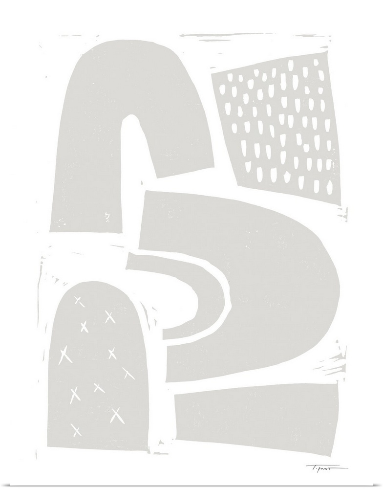 Abstract block print with arches and shapes in light gray.