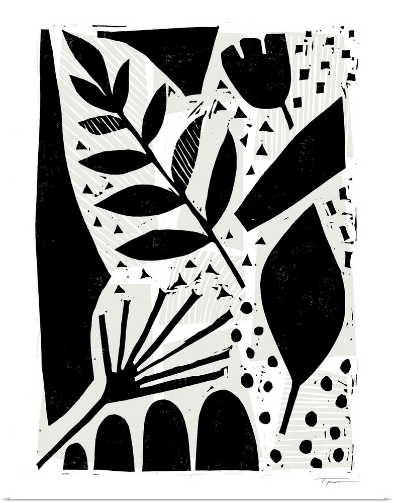 Abstract floral block print with wood grain background.