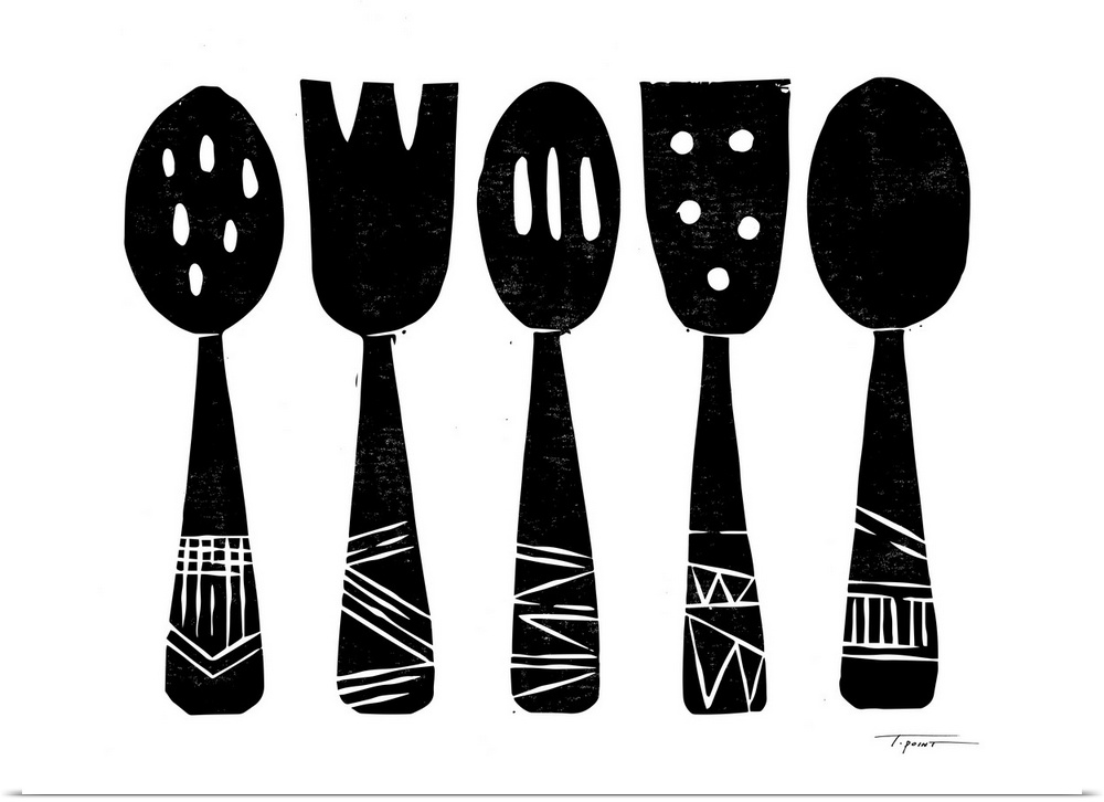 Block printed kitchen utensils in black.