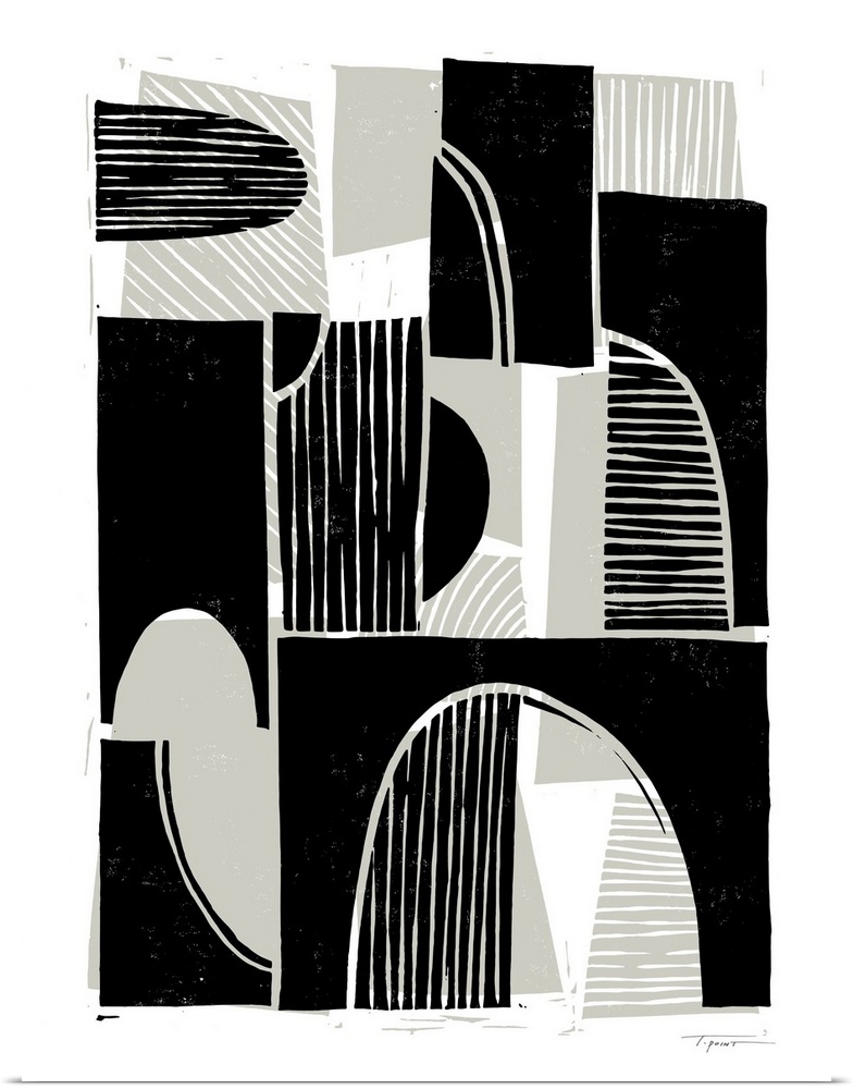 Modern abstract block print with taupe background shapes and black foreground shapes.