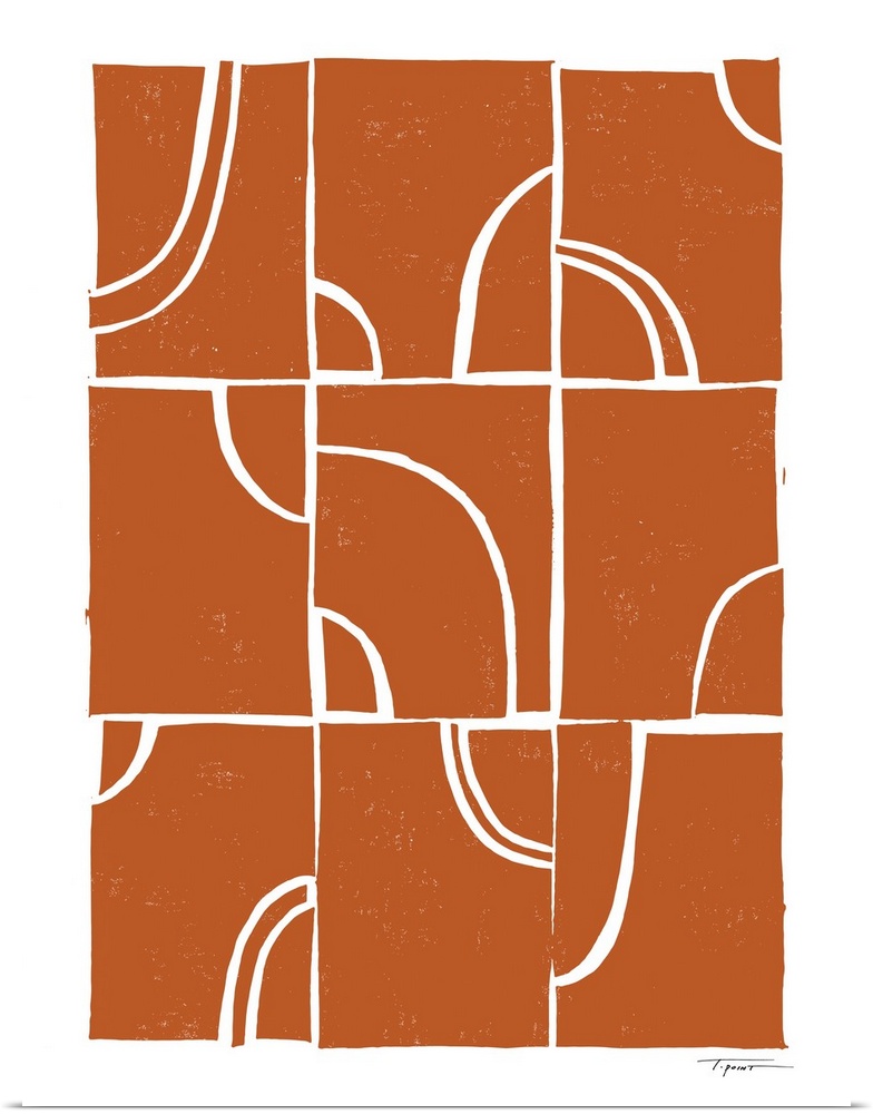 Modern block print shapes with arches in the color burnt orange.
