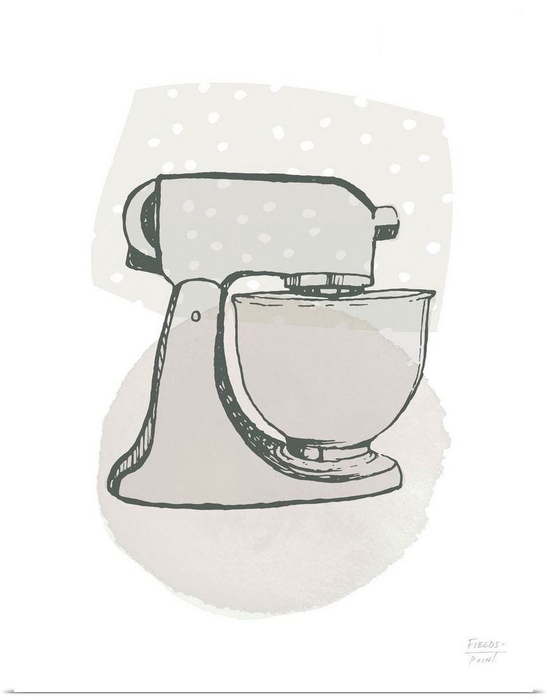 Watercolor kitchen print of a stand mixer and watercolor shapes in the background.