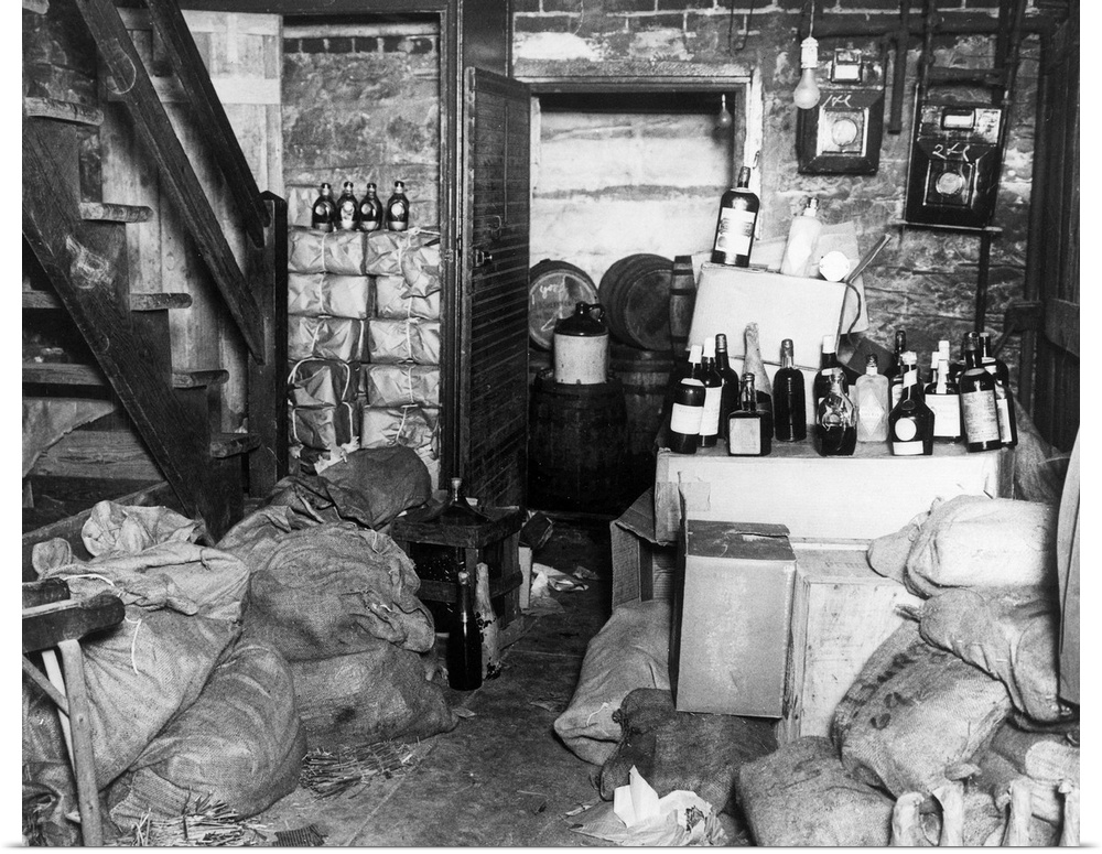 $30,000 worth of bootleg liquor believed to have been smuggled from Canada, found in St. Louis, Missouri, 1931.