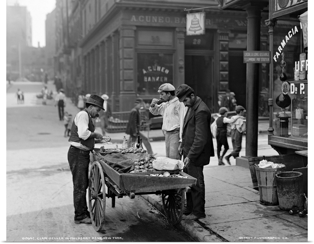 A clam seller on Mulberry Bend in New York City. Photograph, c1900.