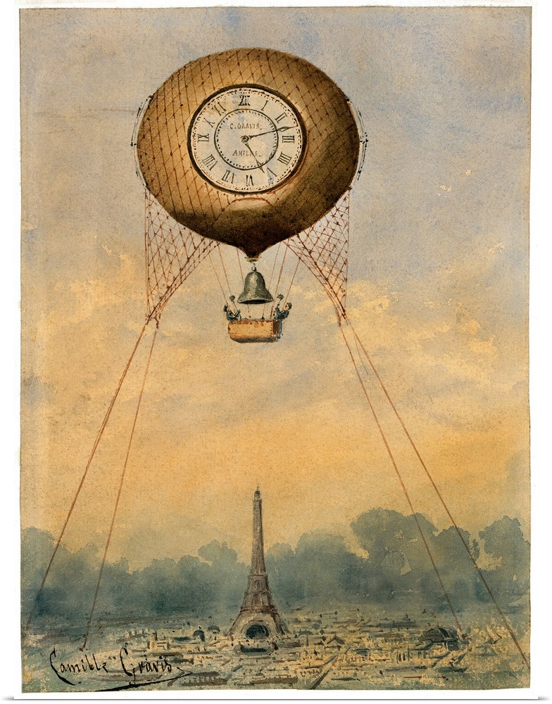 A hot air balloon suspended above the Eiffel Tower in Paris, France. Watercolor by Camille Gr?vis, c1890.