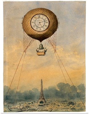 A hot air balloon suspended above the Eiffel Tower in Paris, France, 1890
