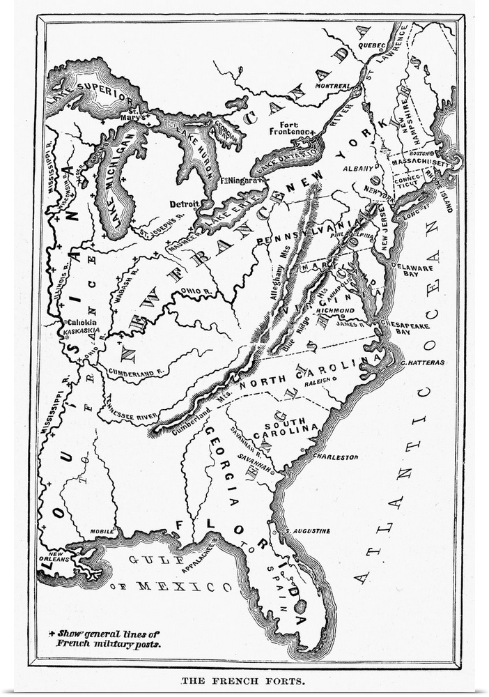 Map, Colonial America. A Map Of the Thirteen Original American Colonies And Neighboring French And Spanish Colonial Posses...