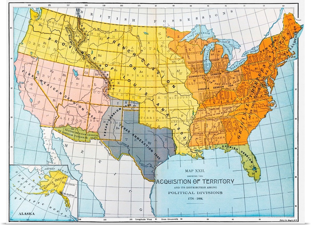 U.S. Map, 1776-1884. A Map Showing United States' Territorial Acquisitions Between 1776 And 1884.
