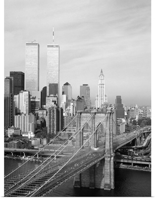 A view of the Brooklyn Bridge looking west towards Manhattan, New York, 1991