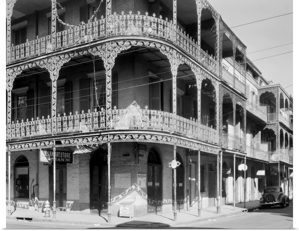 A view of the cast-iron lacework balconies of the LaBranche house on the corner of Royal and St. Peter Streets in New Orle...