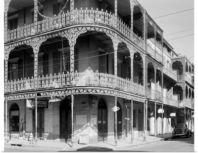 A view of the cast-iron lacework balconies of the LaBranche house, New Orleans