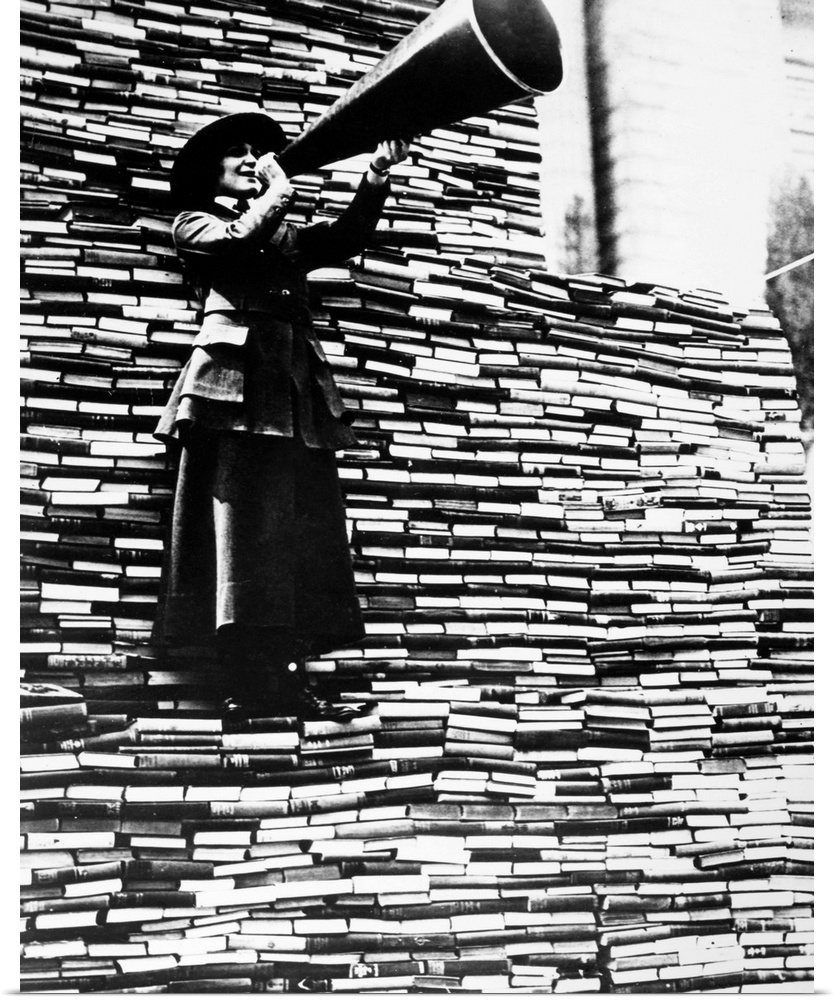 A woman calling for more books during a New York Public Library book drive for American soldiers fighting in Europe during...