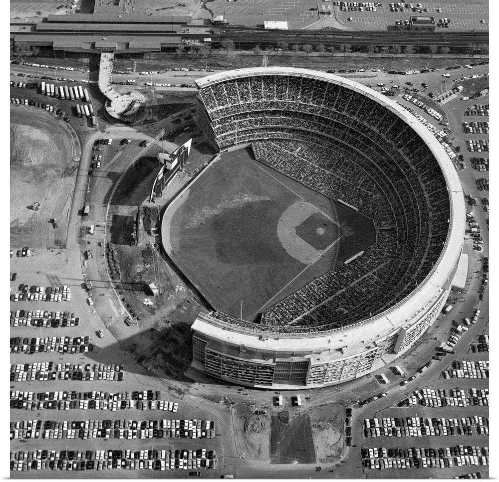 Aerial view of Shea Stadium in Queens, New York. Photograph, c1970.