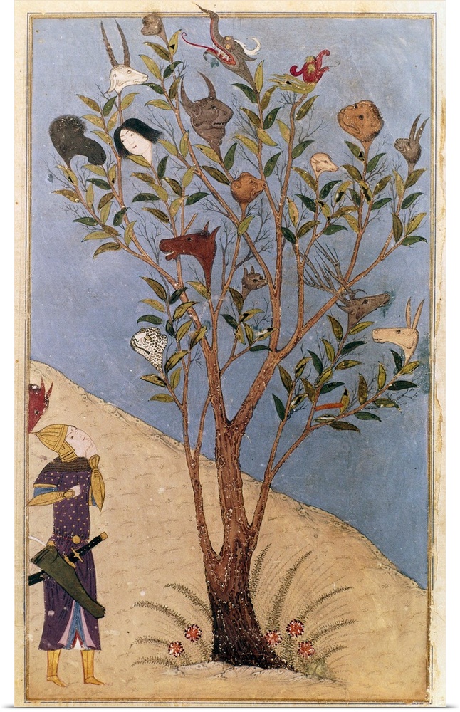 Alexander the Great contemplates the Talking Tree during the end of his travels. Illumination from a Timurid Shanameh, fro...