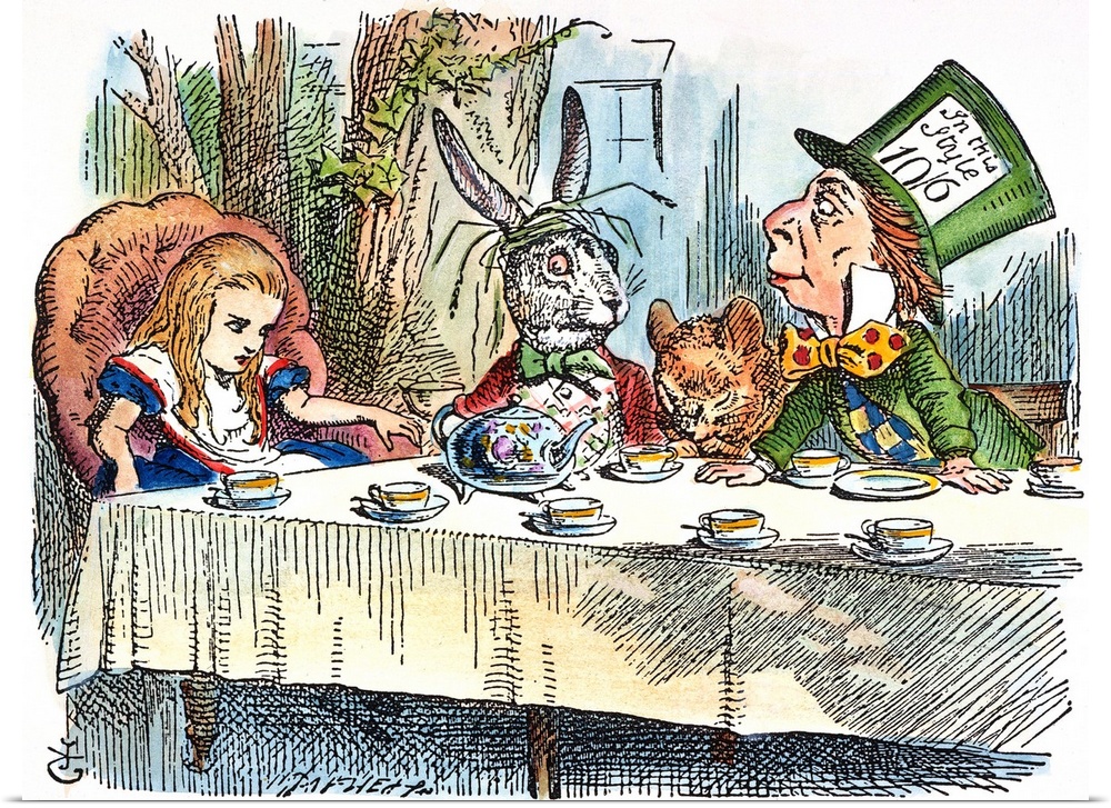 Alice joins the March Hare, the Hatter, and the Dormouse for a Mad-Tea Party. Wood engraving after the design by Sir John ...