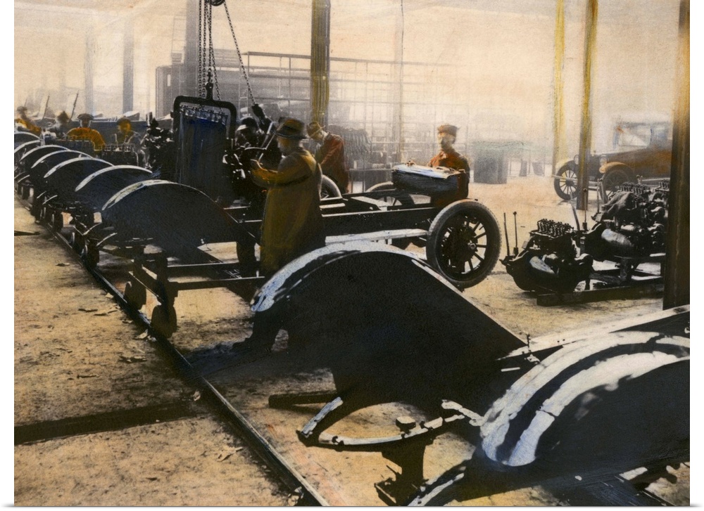 An American auto assembly line. Oil over a photograph, c1910.