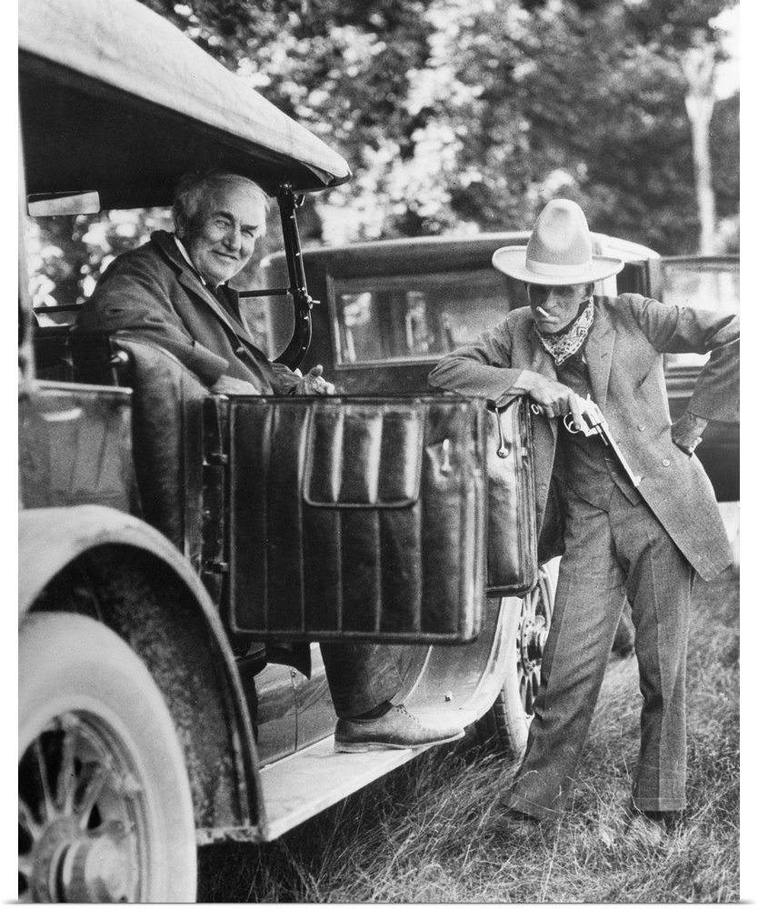 American inventors Thomas Edison (left) and Henry Ford. Photographed on a camping trip, 1923.