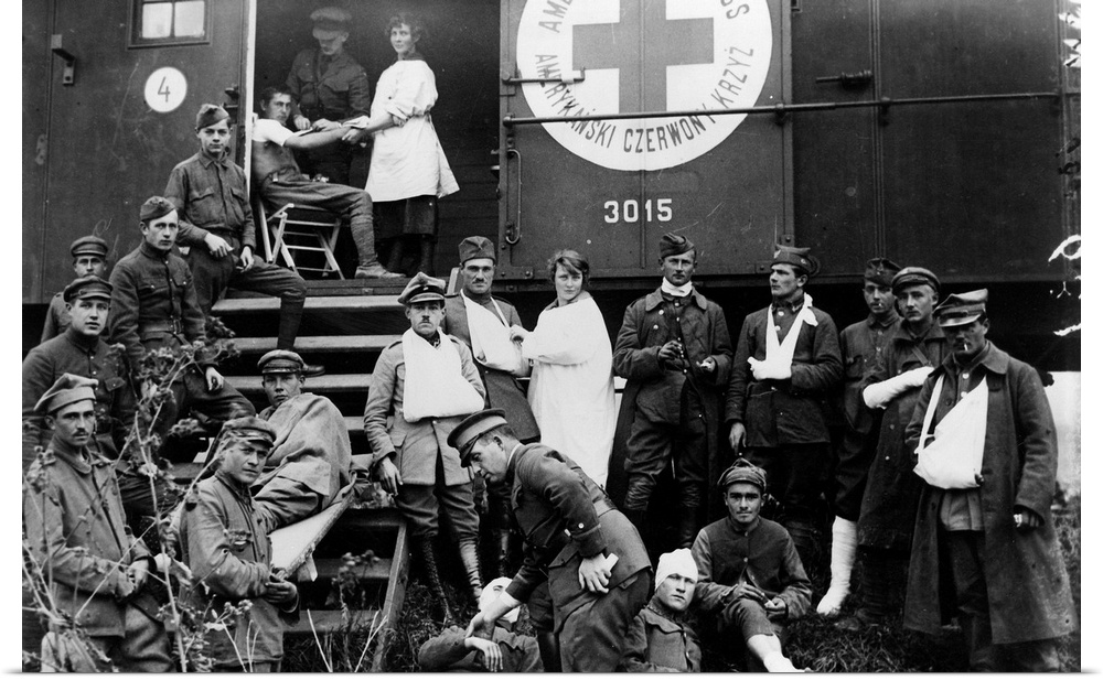 American Red Cross workers operating out of a railroad car in Poland during World War I. Photograph, c1918.