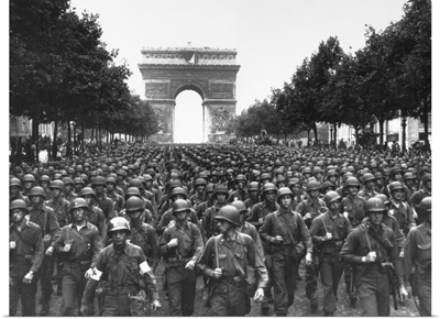 American troops marching on the Avenue des Champs-Elysees in Paris, France, 1944