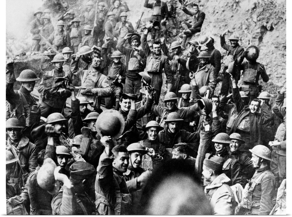 American troops receive news of the armistice agreement ending World War I, November 1918.
