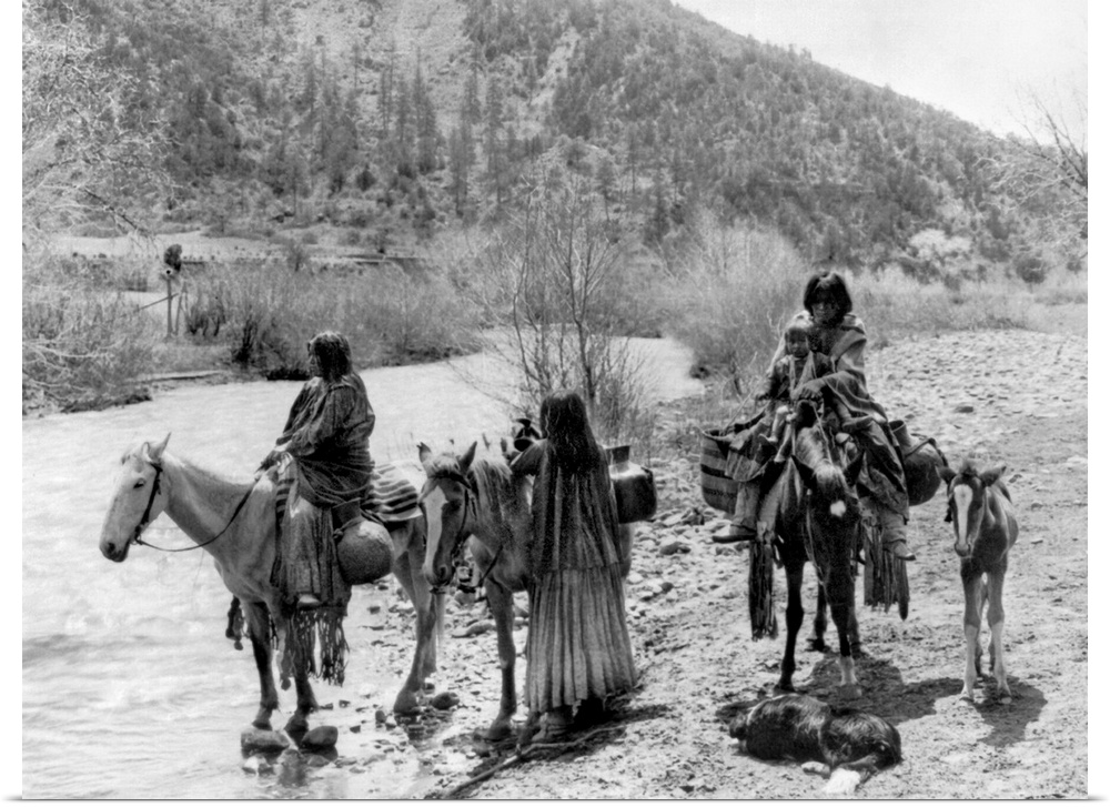 Apache Group, C1906. Group Of Apache Men And Women, One With A Child, With Horses Laden With Water Jugs, Near A Stream. Ph...