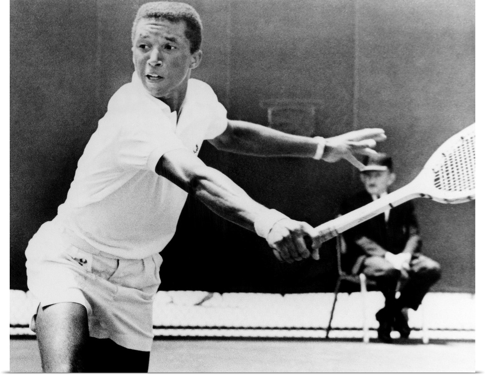 American tennis player. Ashe playing for UCLA in a match against Mike Belkin of the University of Miami, June 1965.