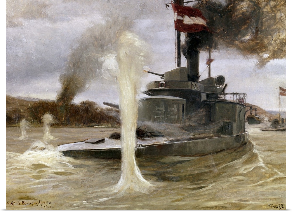 Austrian monitors 'Koros' and 'Leitha' on the Danube River, shelling Belgrade during World War I. Painting by Max Poosch-G...