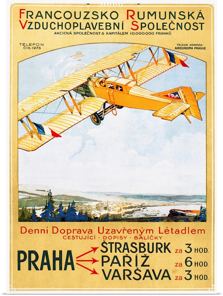 Poster for the Franco-Roumaine passenger airline which flew between Eastern Europe and France, depicting a Potez VII bipla...