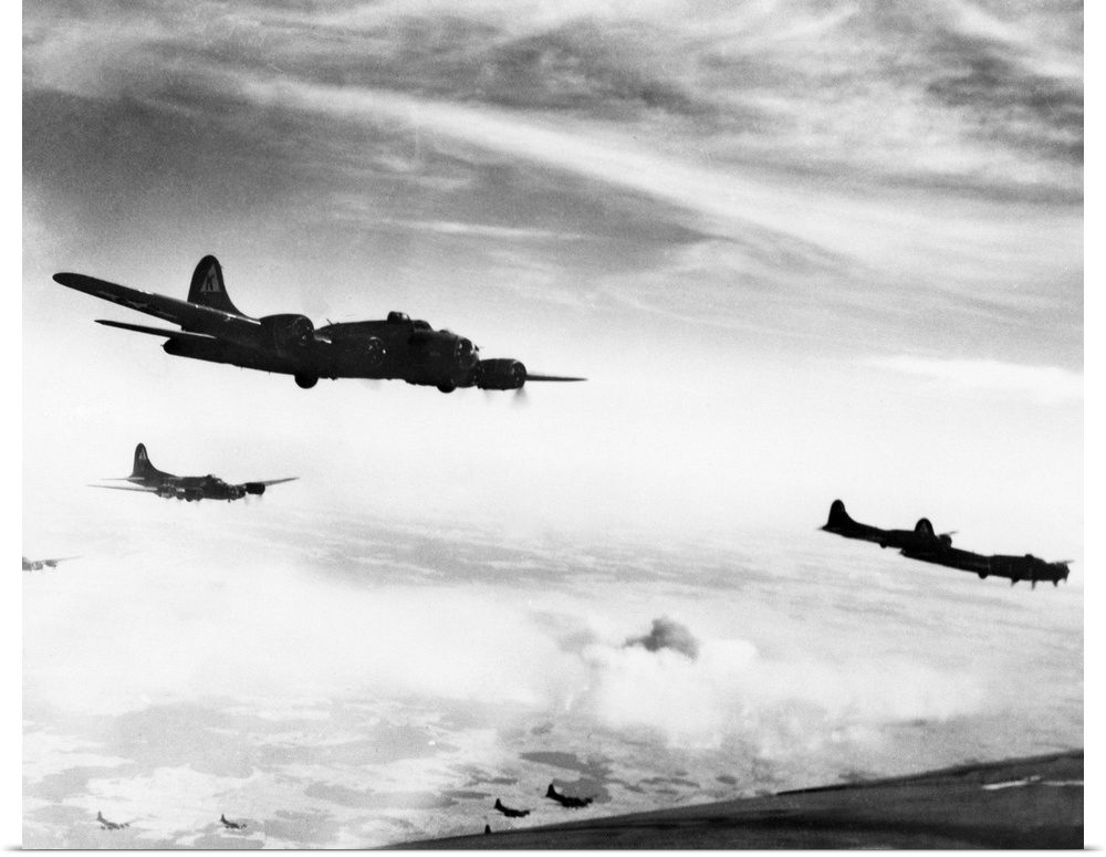 B-17 Flying Fortresses of the U.S. Air Force flying over Schweinfurt, Germany. Photograph, c1944.