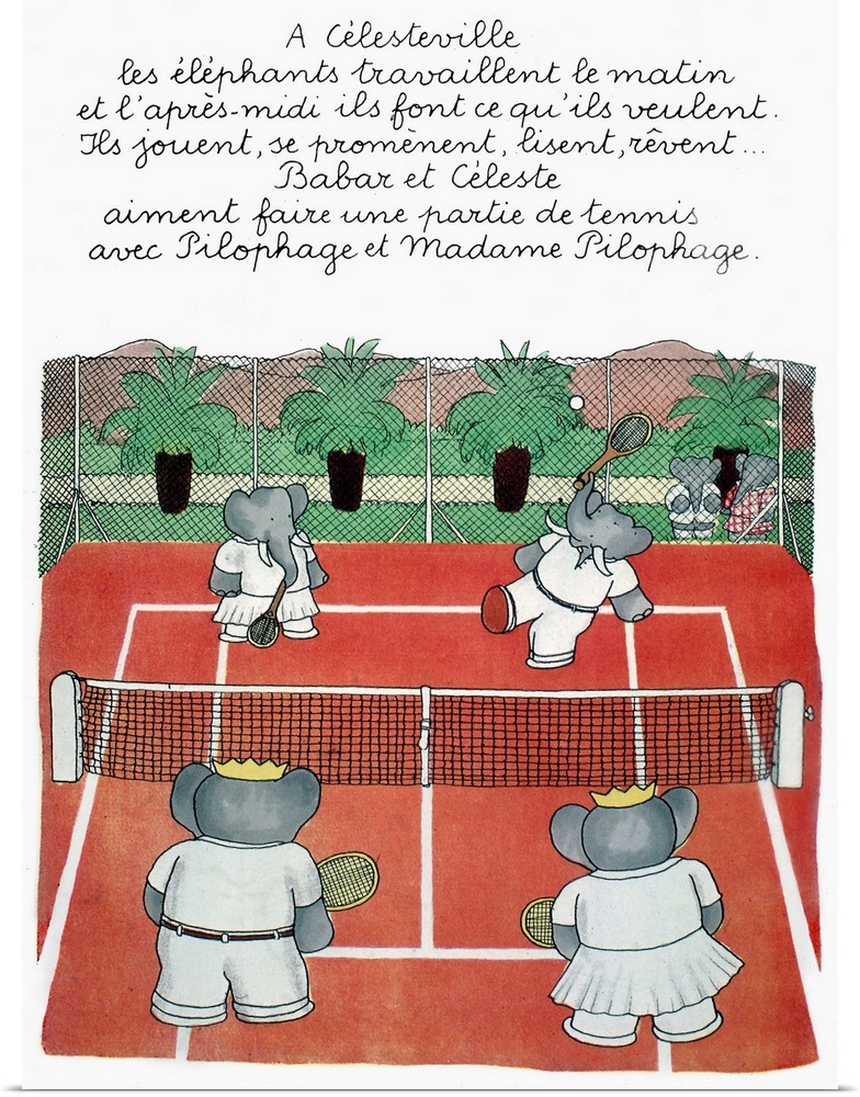 Babar, king of the elephants, and Celeste playing tennis at Celesteville. Illustration from one of Jean de Brunhoff's Baba...