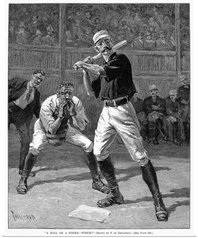 'A Ball or a Strike - Which?' Wood engraving, American, 1888, after a drawing by Thure de Thulstrup.