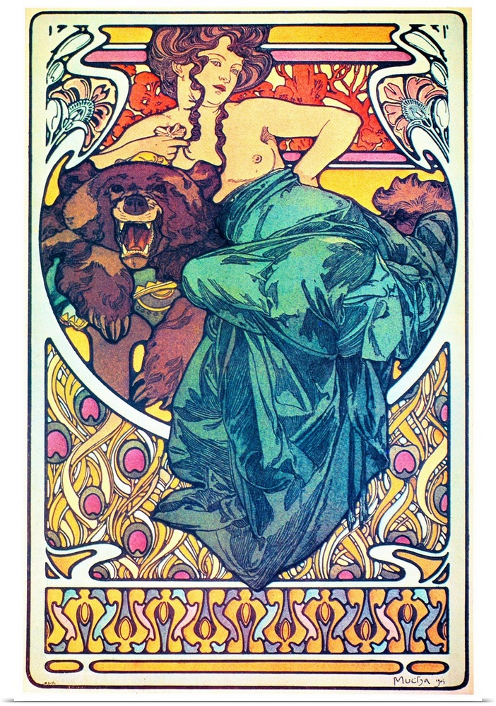Woman on a bearskin rug. Lithograph by Alphonse Mucha, 1902.