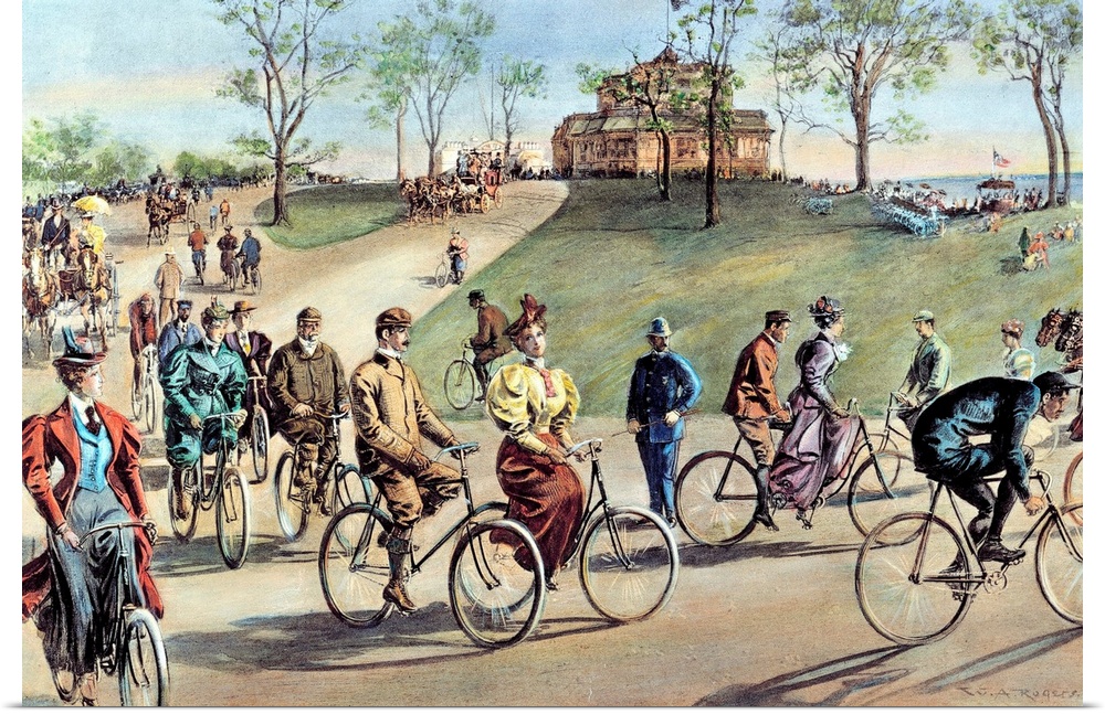 Bicycling on Riverside Drive, New York City. Drawing by W.A. Rogers, 1895.