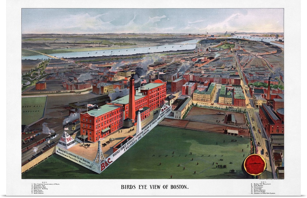 Boston, 1902. Bird's Eye View Of Boston, Massachusetts, Looking Towards the Charles River And Boston Harbor, With A Beach ...