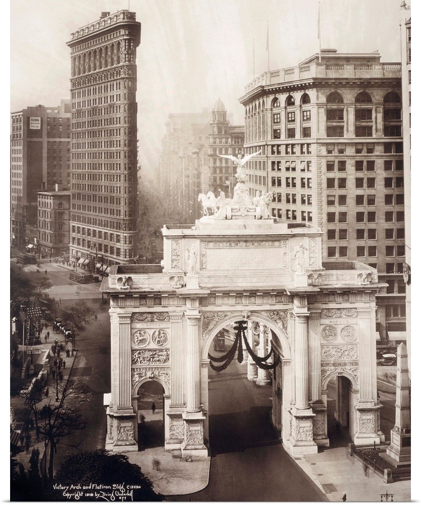 Bird's eye view of Victory Arch and Flatiron building, New York City. Photograph by Irving Underhill, c1919.