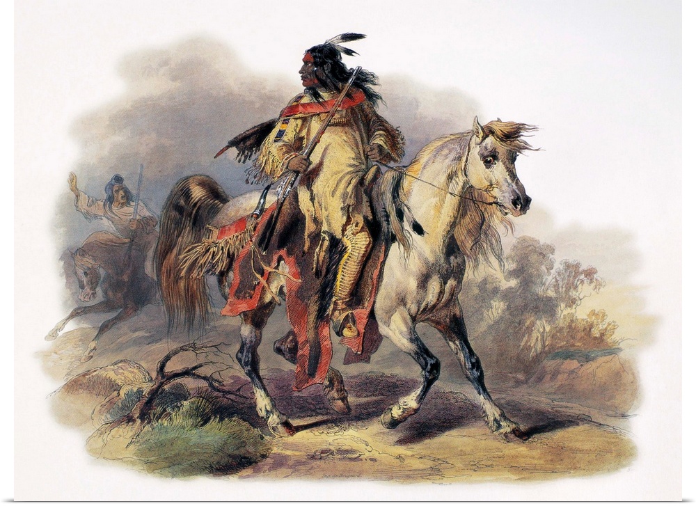 Bodmer, Blackfoot Horseman. A Blackfoot Native American Man Riding On Horseback At Fort Mckenzie, Montana. Aquatint Engrav...
