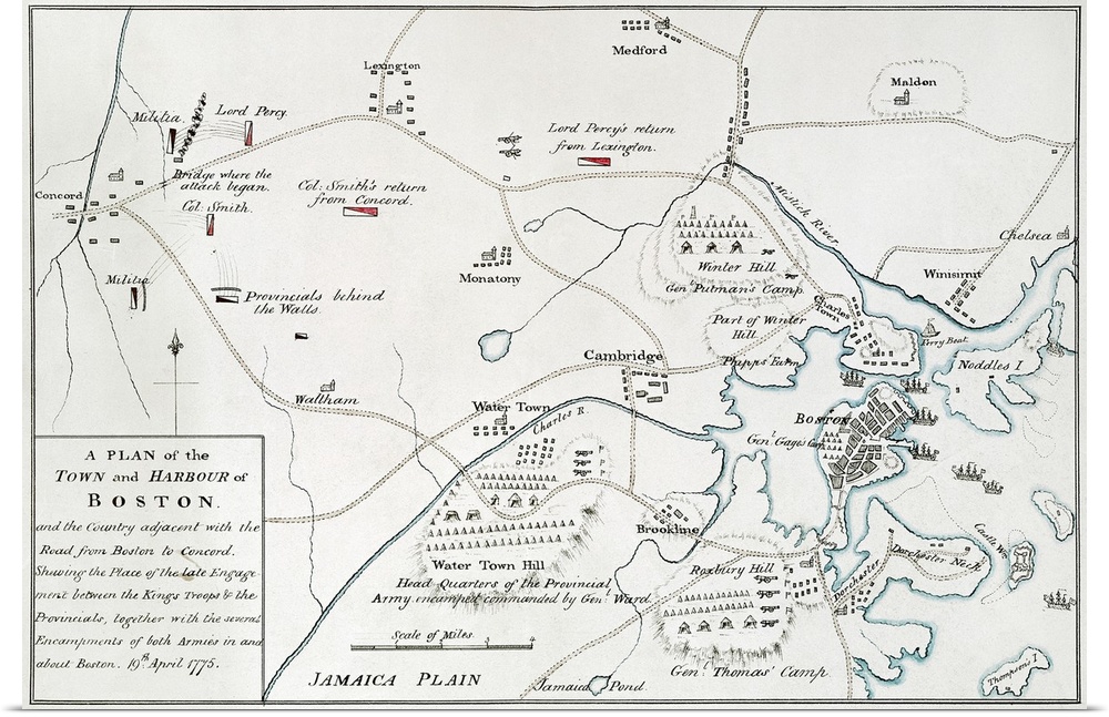 Boston-Concord Map, 1775. Engraved Map Of Boston, Massachussetts, And the Road To Concord, As Well As British And Rebel Ca...