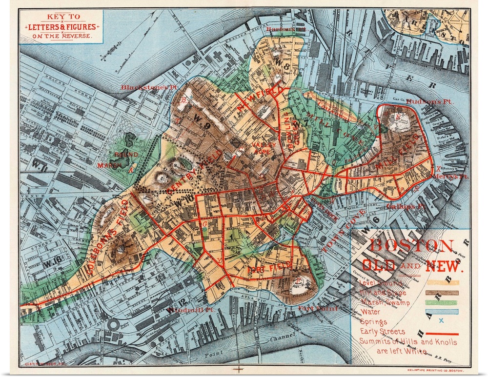 Map, Boston, C1880. 'Boston Old And New.' A Map Of Boston, Massachusetts, C1880, By Justin Winsor, Showing the City's Expa...