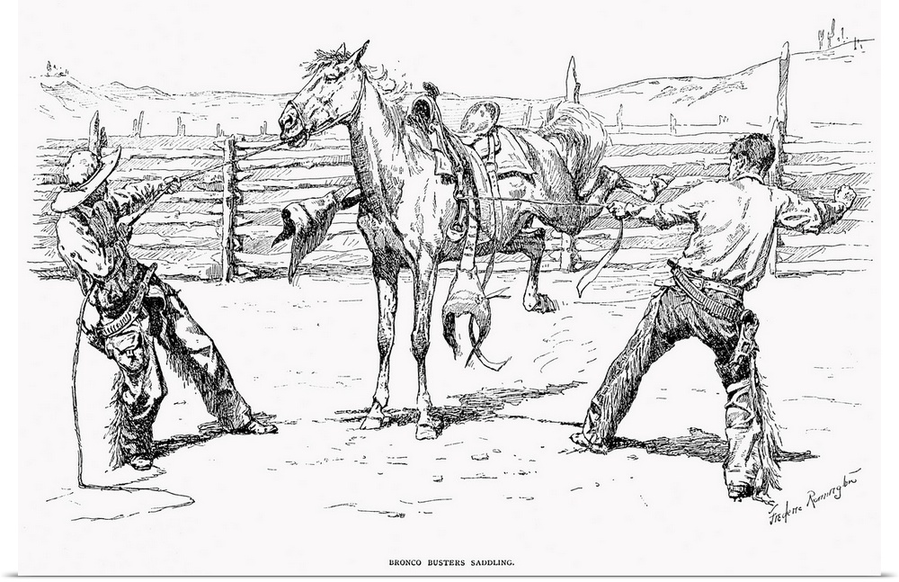 Bronco Busters Saddling. Wood Engraving, 1888, After A Drawing By Frederic Remington (1861-1908).