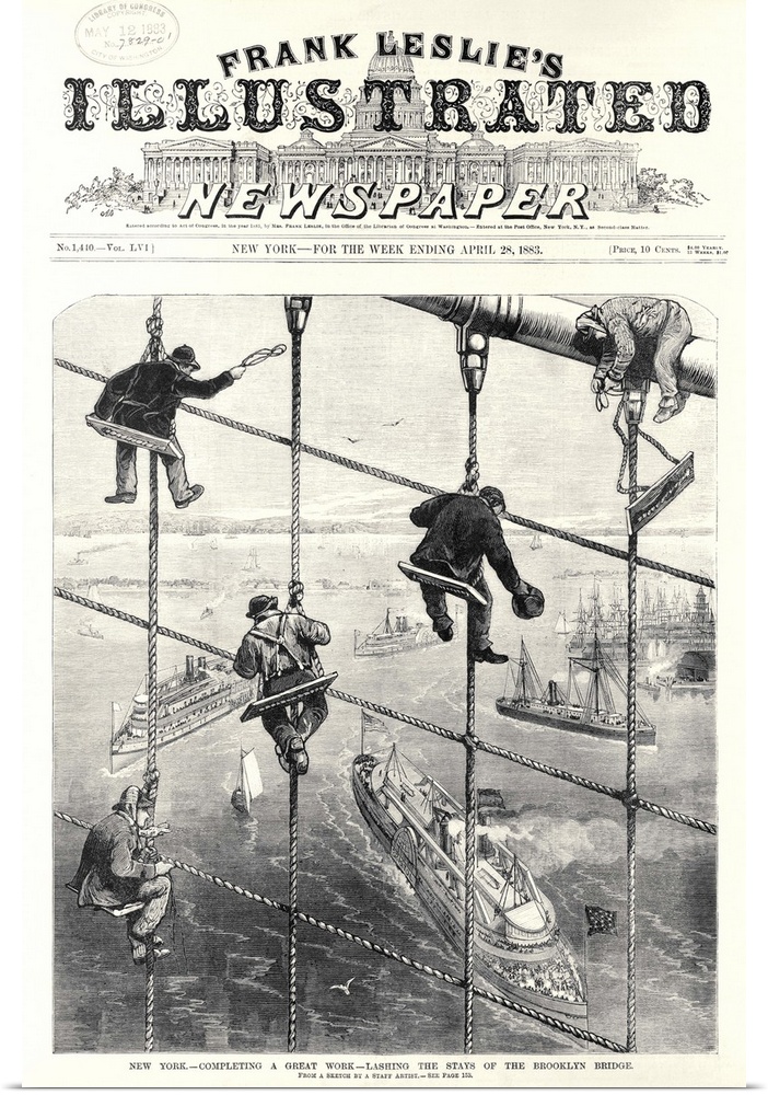 Construction workers lashing the stays on the Brooklyn Bridge. Front page of Frank Leslie's Illustrated Newspaper, 28 Apri...