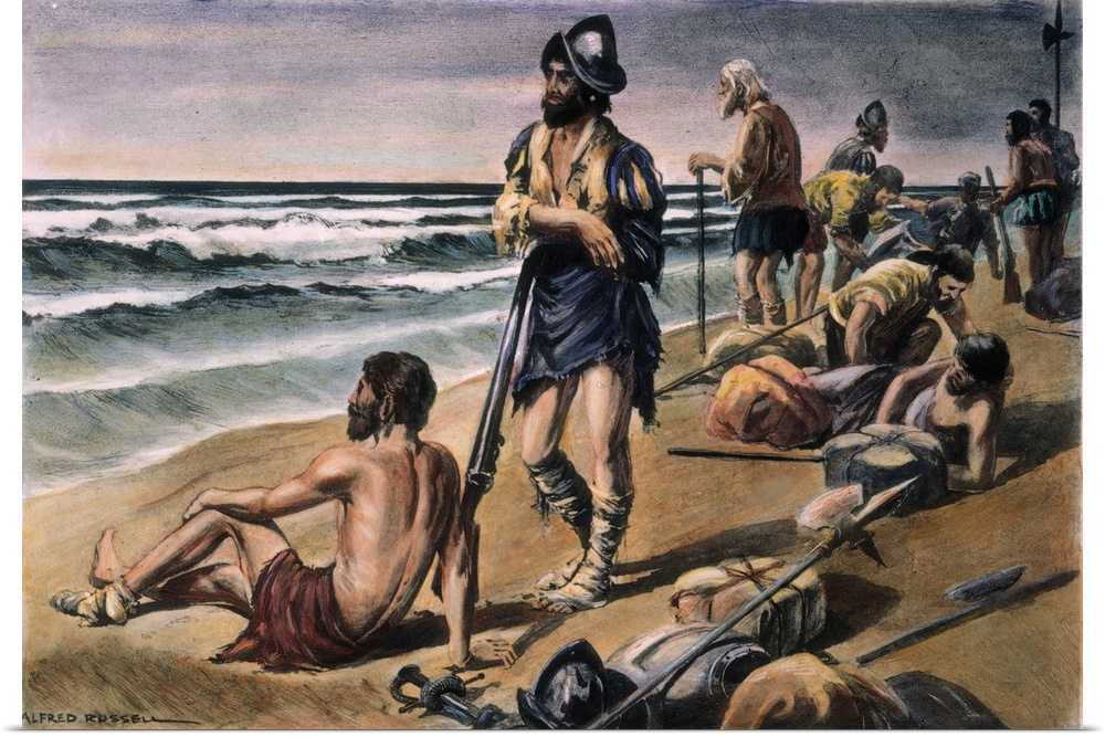Alvar Nunez Cabeza de Vaca and his men during their eight-year trek between the Gulf of Mexico and Mexico City, 1528-36. I...