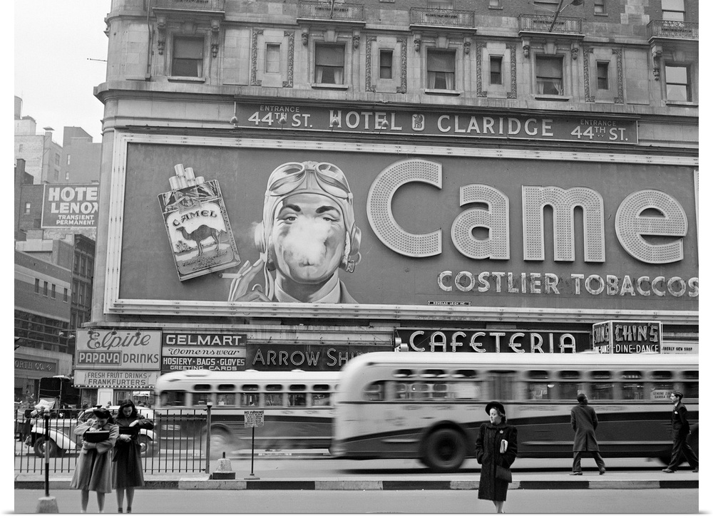 A billboard for a Camel cigarette advertisement in Times Square, New York City. Photograph by John Vachon, February, 1943.