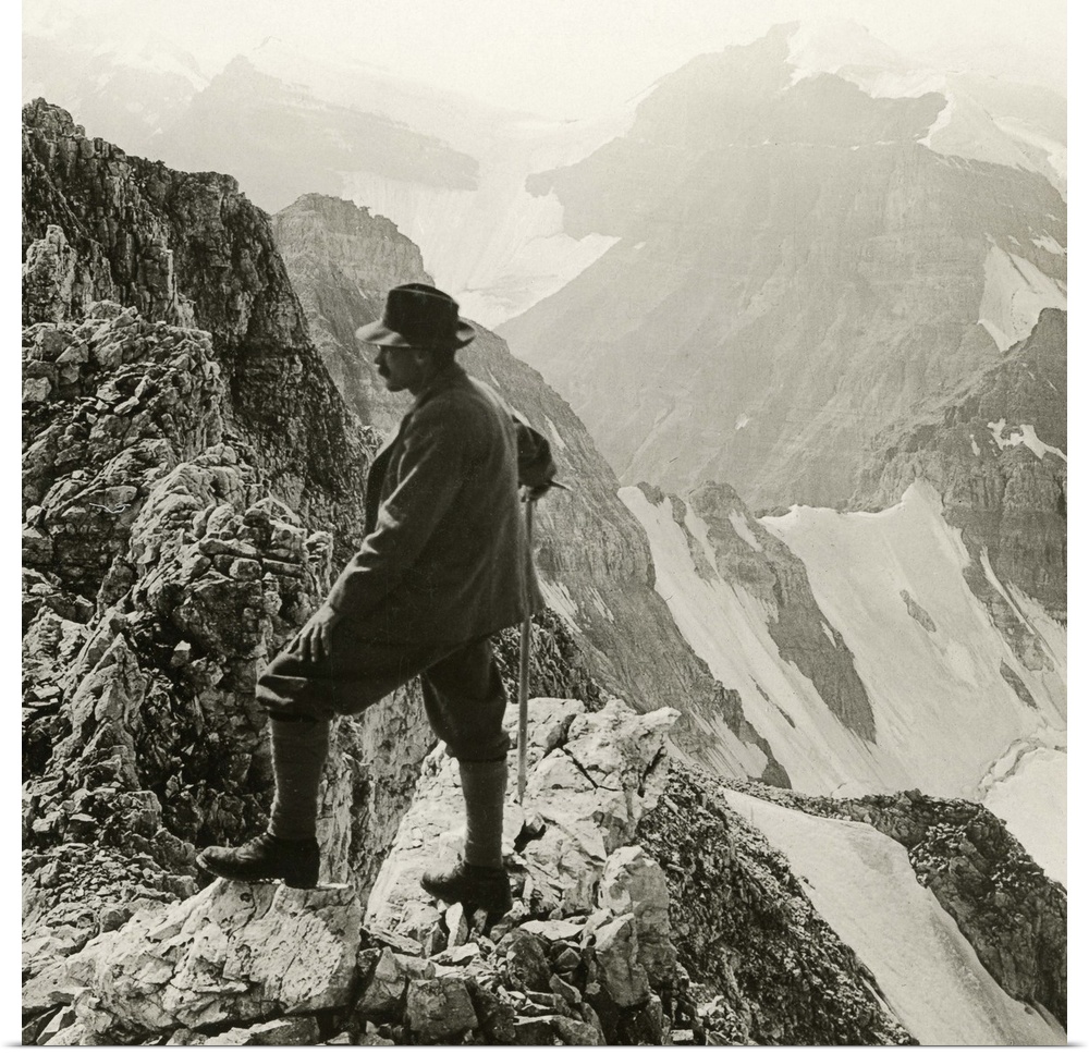 Canada, Rocky Mountains. Climber On the Summit Of Mount Whyte In the Rocky Mountains, Alberta, Canada. Stereograph, C1908.
