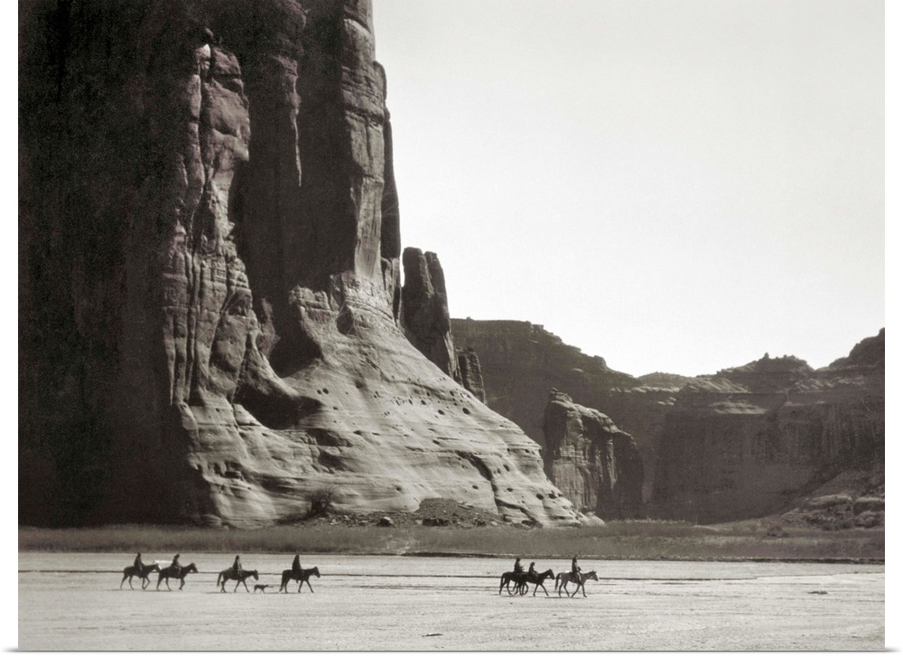 Canyon De Chelly, 1904. Navajo Native Americans On Horseback In the Canyon De Chelly, Arizona. Photographed By Edward S. C...